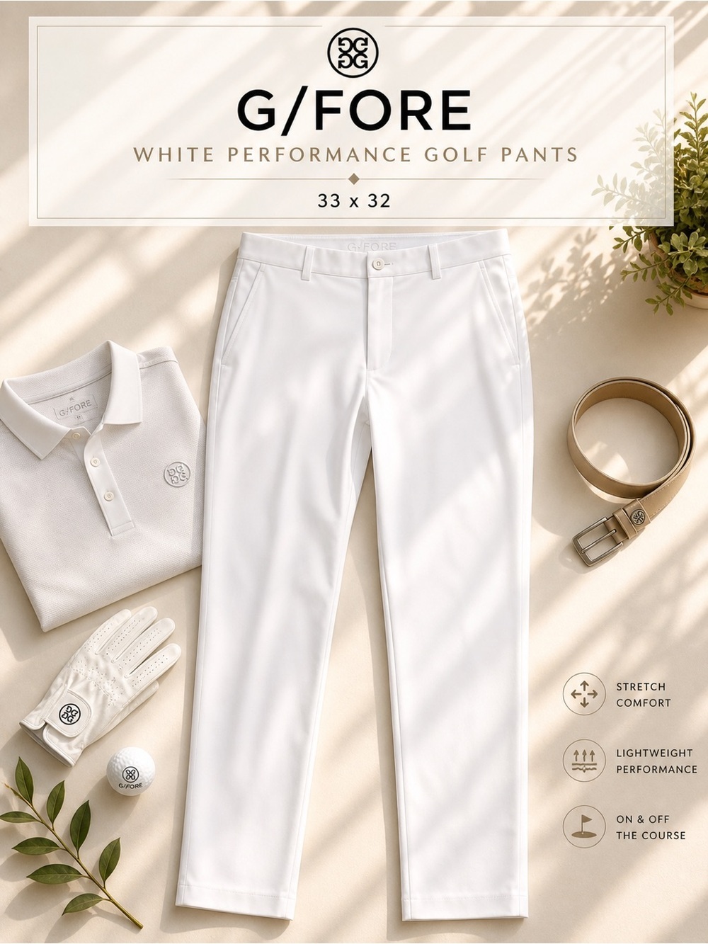G/FORE White Performance Golf Pants 33x32 Lightweight Stretch Classic Fit